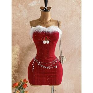 Sexy Christmas Pompom White Fur Trimmed Knit Mini Red Dress XS, S, M, L